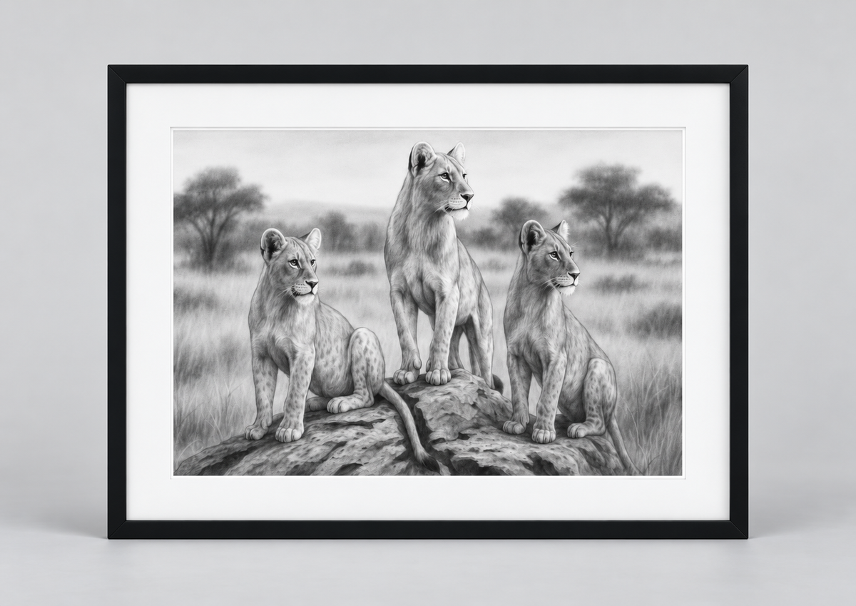 Three Lionesses fine art print – black rectangular frame with white mount