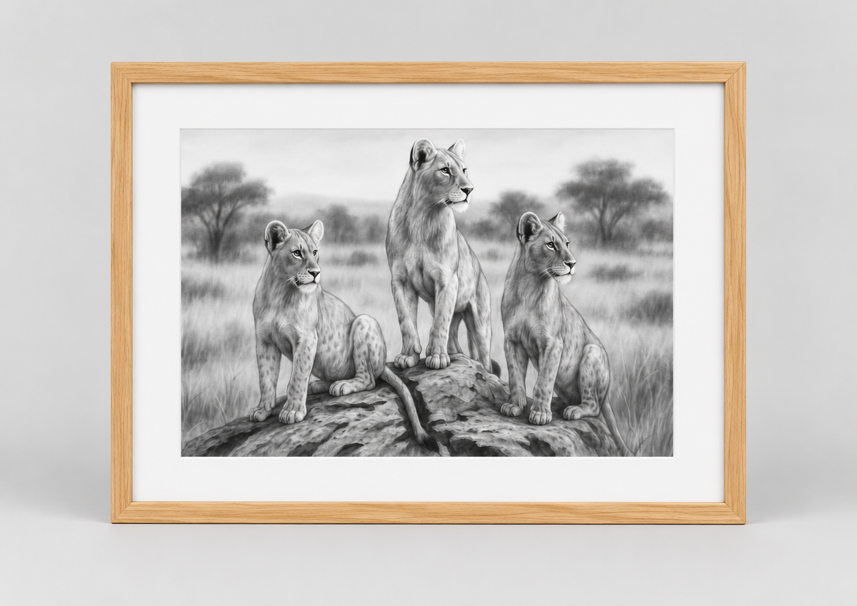 Three Lionesses fine art print – oak rectangular frame with white mount