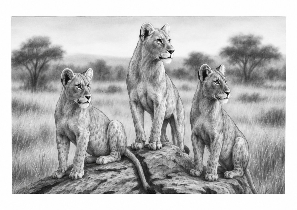 Three Lionesses fine art print – unframed landscape artwork