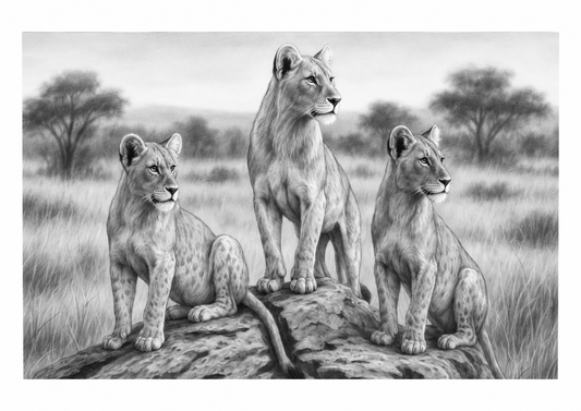 Three Lionesses fine art print – unframed landscape artwork