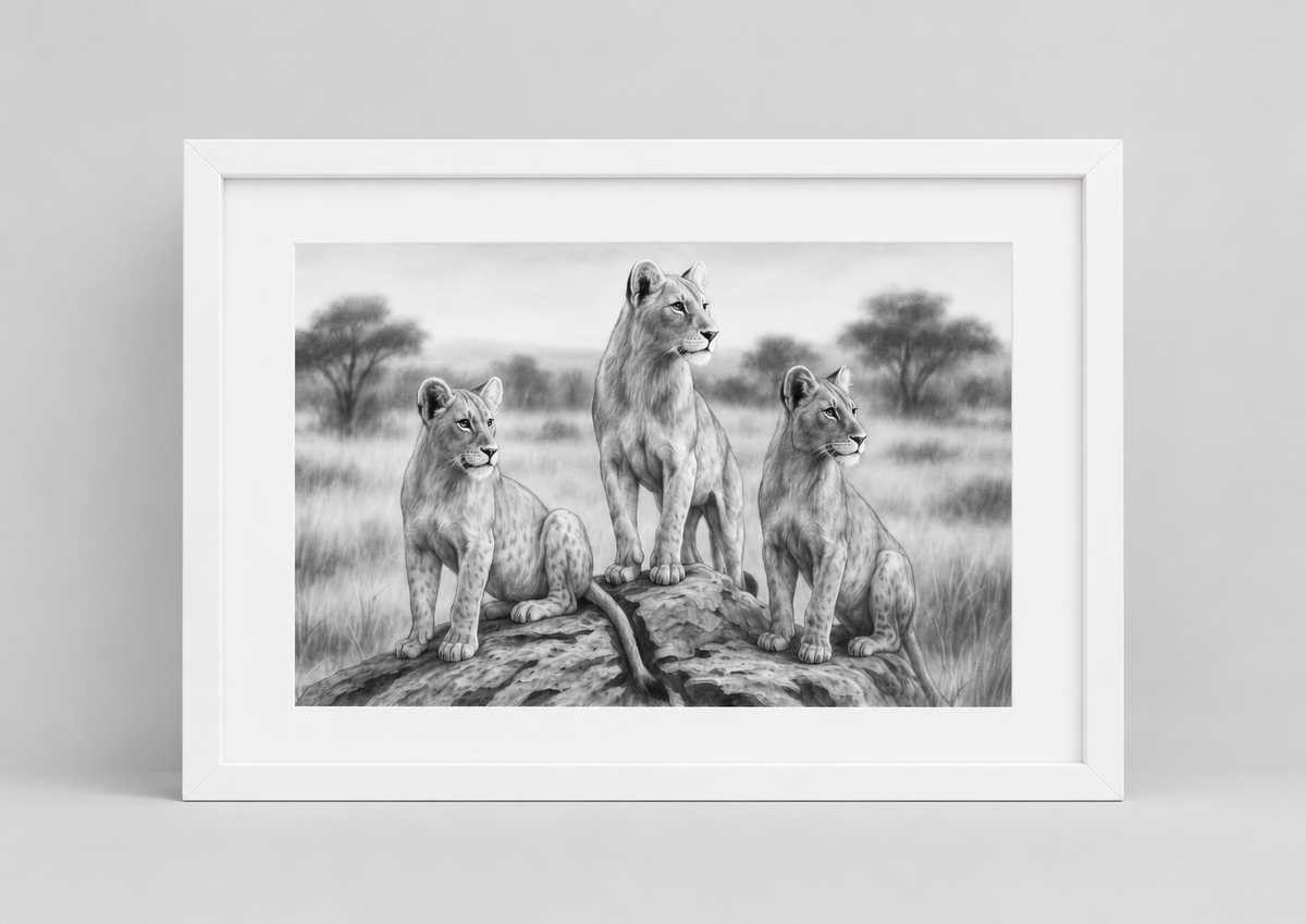 Three Lionesses fine art print – white rectangular frame with white mount