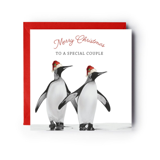 To A Special Couple Penguin Greeting Card — complete card with red envelope