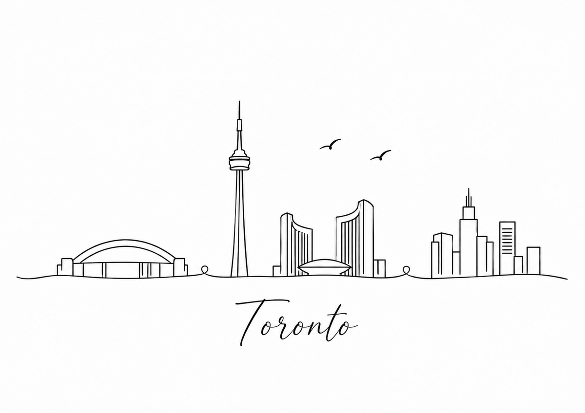 Toronto skyline artwork featuring black line landmarks and city lettering on a white background