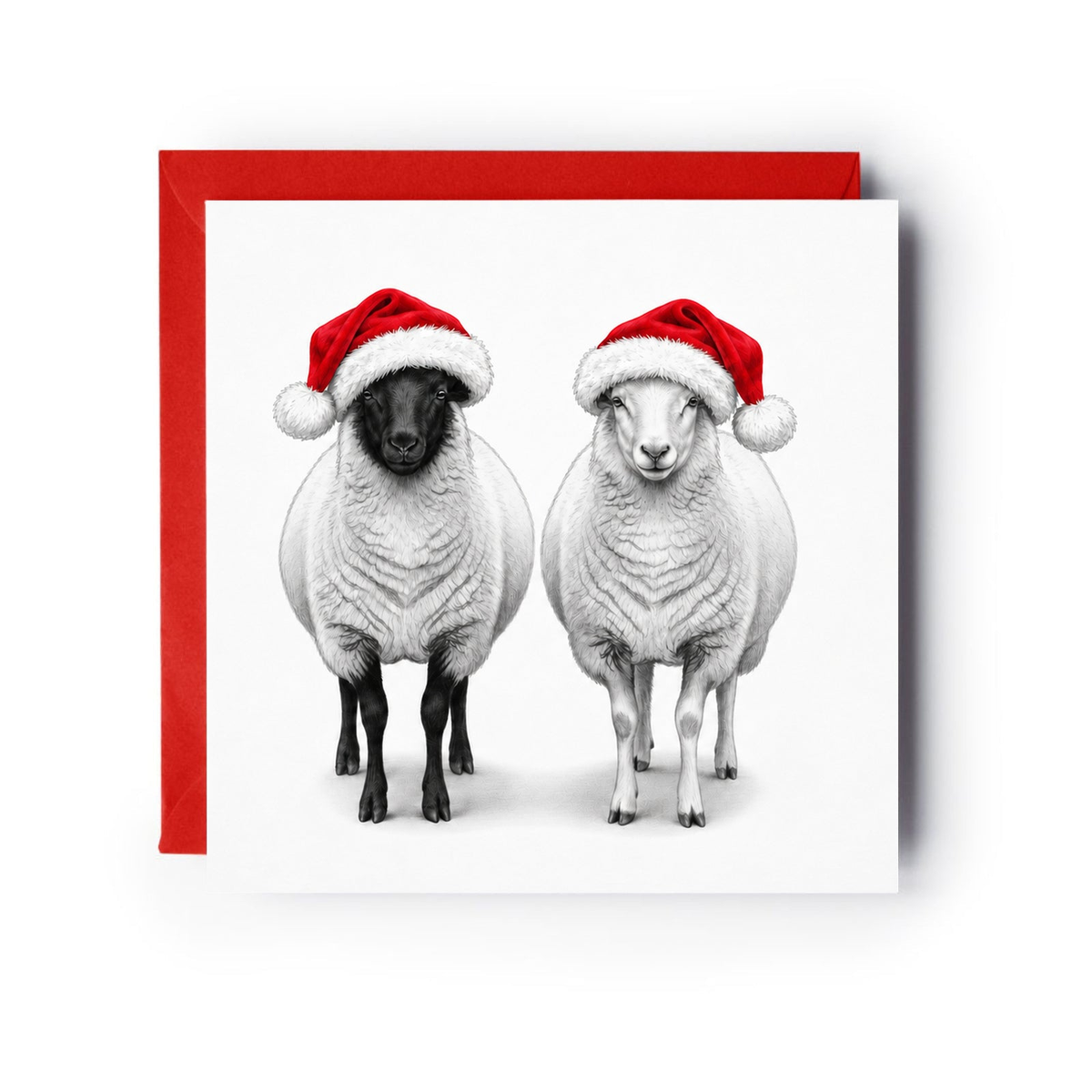 Two sheep wearing red Santa hats on a Christmas card with a red envelope