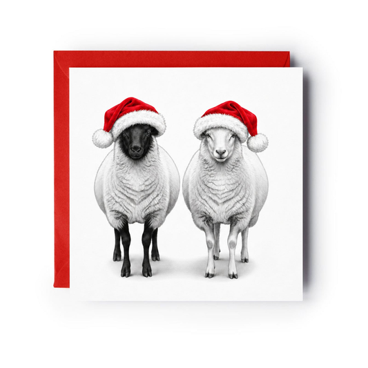 Two sheep wearing red Santa hats on a Christmas card with a red envelope