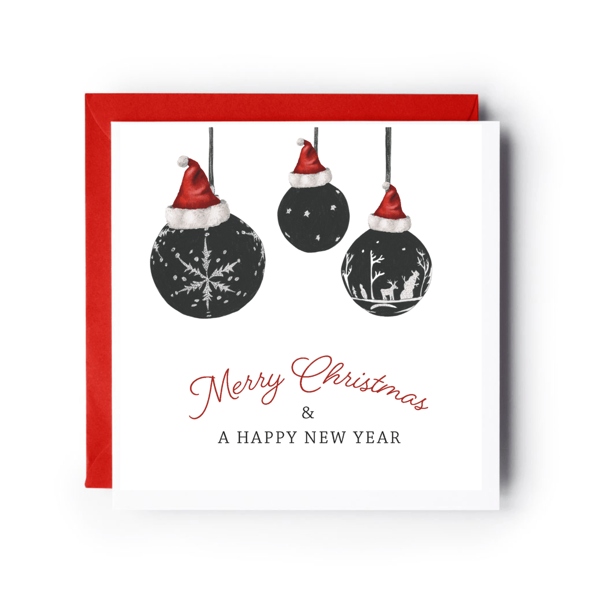 3 Red Hat Baubles Card Christmas Card
