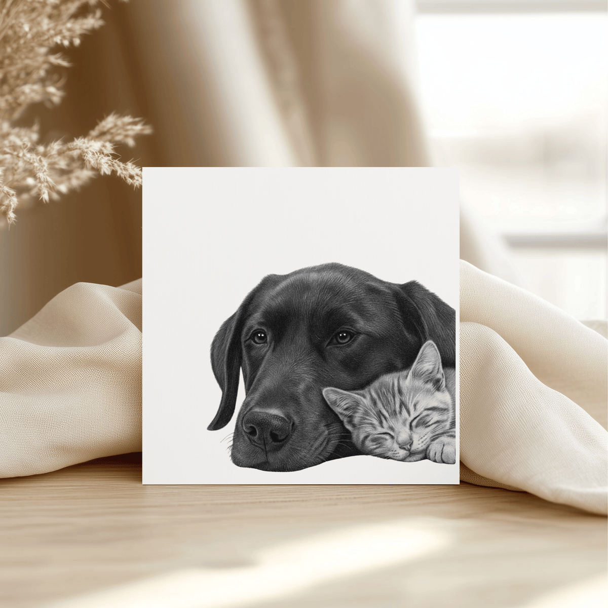 Best Friends Cuddles – Hand-Drawn Cat & Dog Greeting Card | Heartwarming Pet Art