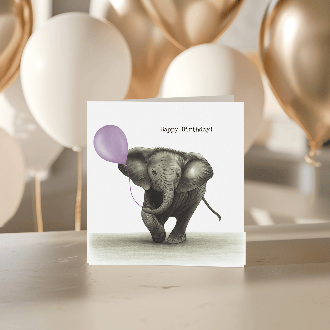 Birthday Elephant – Hand-Drawn Elephant Greeting Card with Purple Balloons | Whimsical & Charming Art