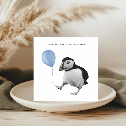 Birthday Puffin – Hand-Drawn Puffin Greeting Card with Blue Balloon | Whimsical & Charming Art