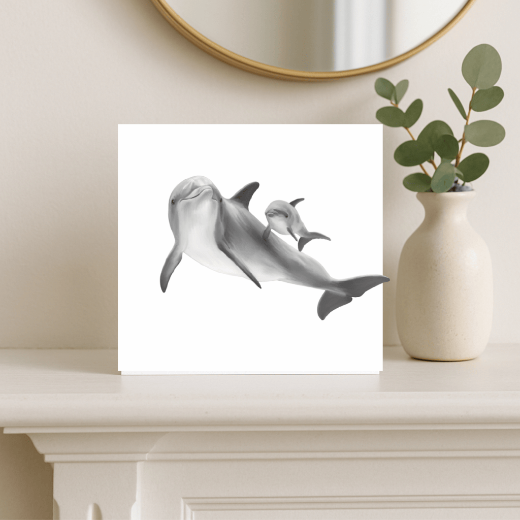Dolphin Family – Dolphin & Calf Swimming Hand-Drawn Greeting Card | Gentle & Heartwarming Art