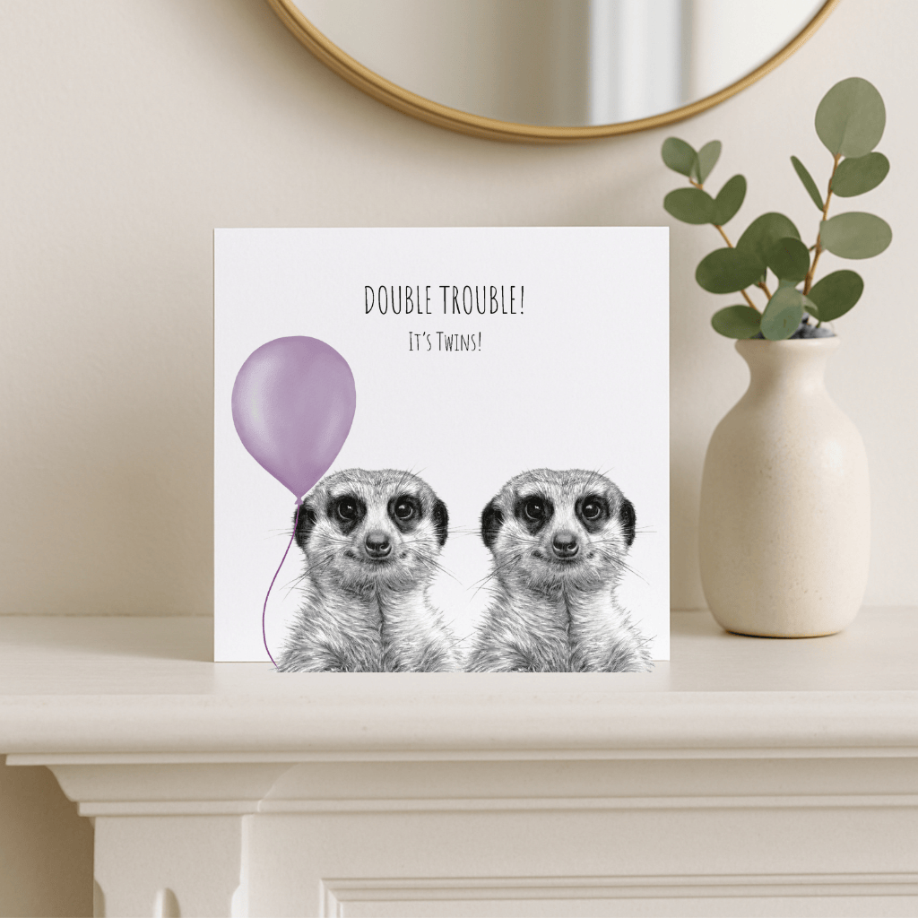 Double Trouble Meerkat – Hand-Drawn New Baby Greeting Card | Charming Wildlife Art