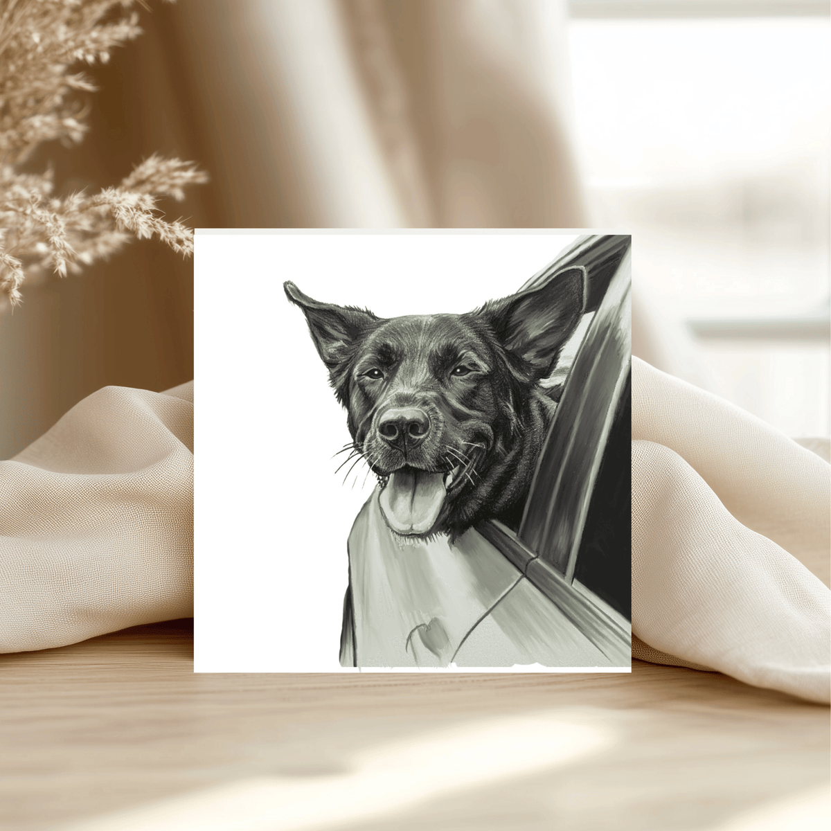 Driving Dog – Hand-Drawn Greeting Card | Playful & Charming Pet Art