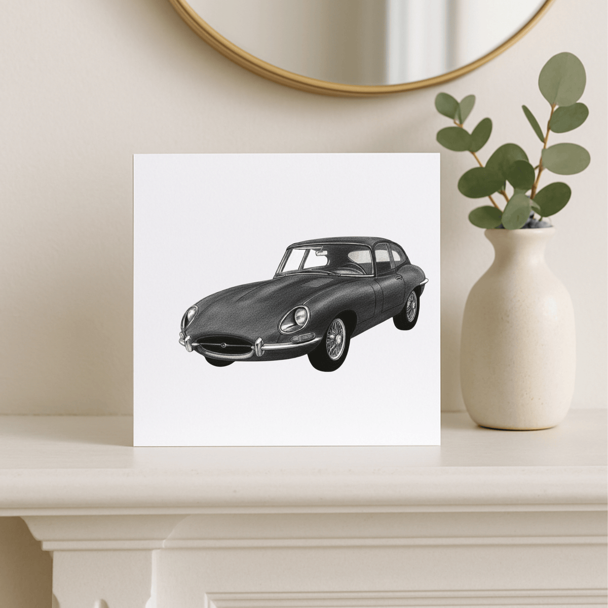 E-Type Jaguar – Hand-Drawn Greeting Card | Classic British Sports Car Art