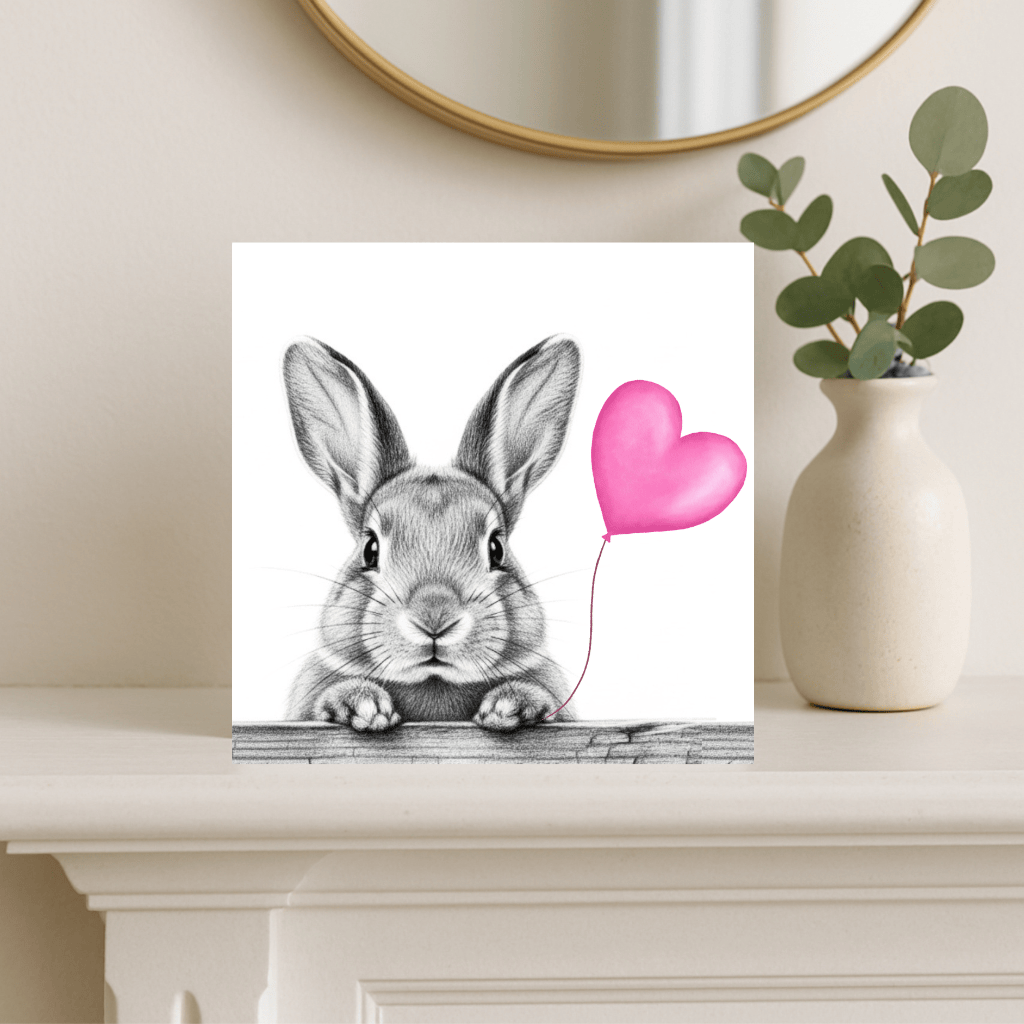 Floating Bunny – Pink Balloon Hand-Drawn Greeting Card | Cute & Whimsical Art