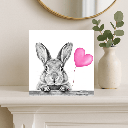 Floating Bunny – Pink Balloon Hand-Drawn Greeting Card | Cute & Whimsical Art