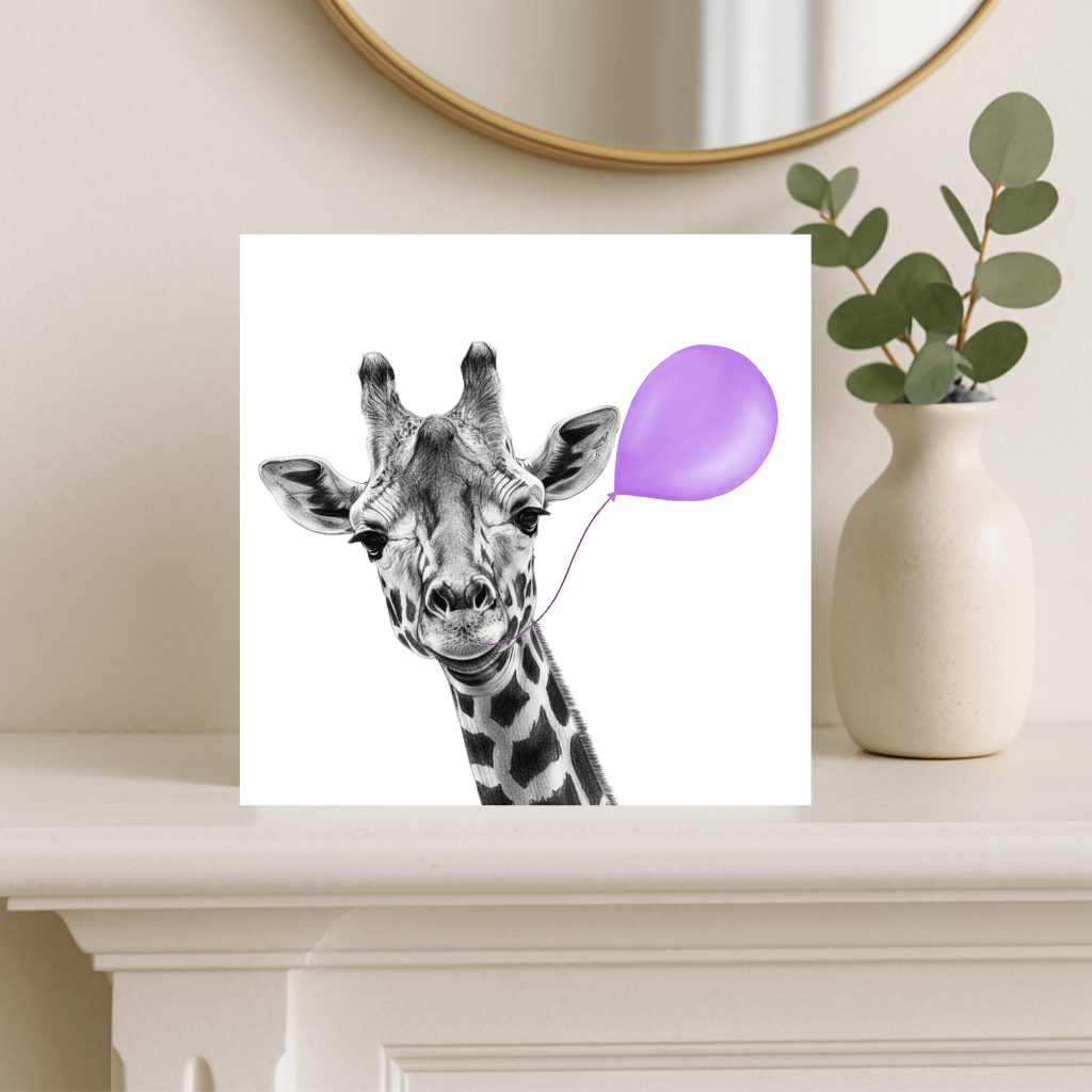 Floating Giraffe – Purple Balloon Hand-Drawn Greeting Card | Cute & Whimsical Art