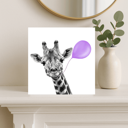 Floating Giraffe – Purple Balloon Hand-Drawn Greeting Card | Cute & Whimsical Art