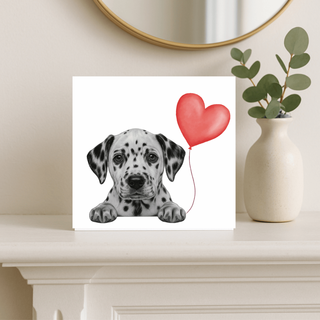 Floating Dalmatian – Red Heart Balloon Hand-Drawn Greeting Card | Cute & Whimsical Art