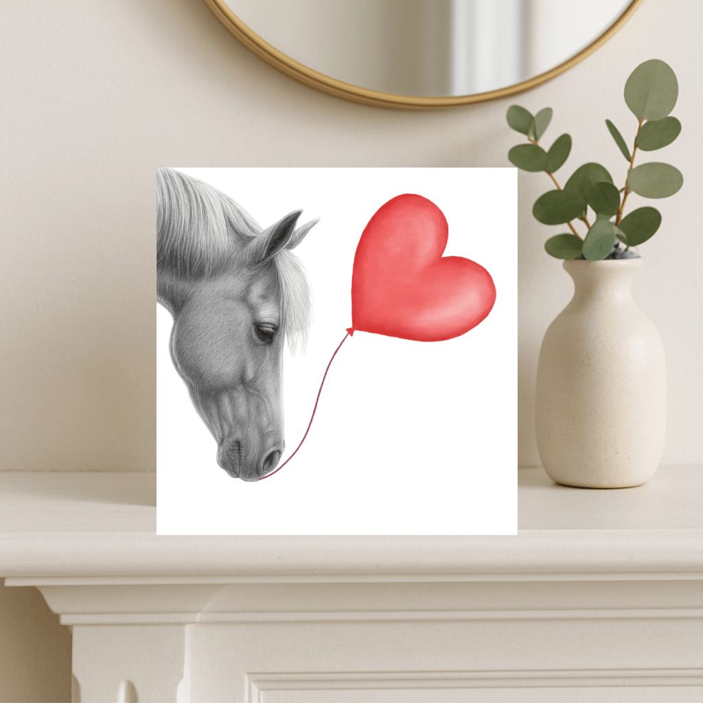 Floating Horse – Red Heart Balloon Hand-Drawn Greeting Card | Romantic & Whimsical Art