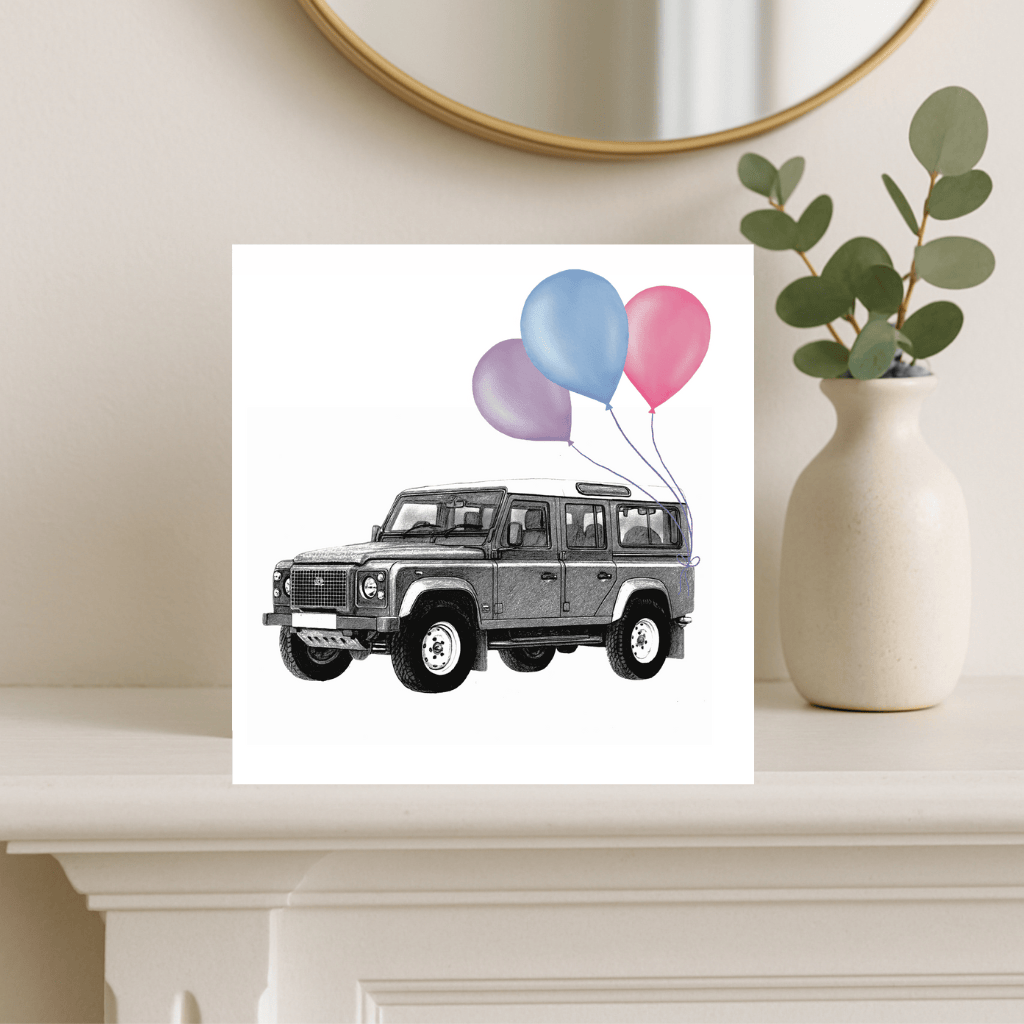 Floating Off-Roader – Lots of Balloons Hand-Drawn Greeting Card | Fun & Whimsical Vehicle Art
