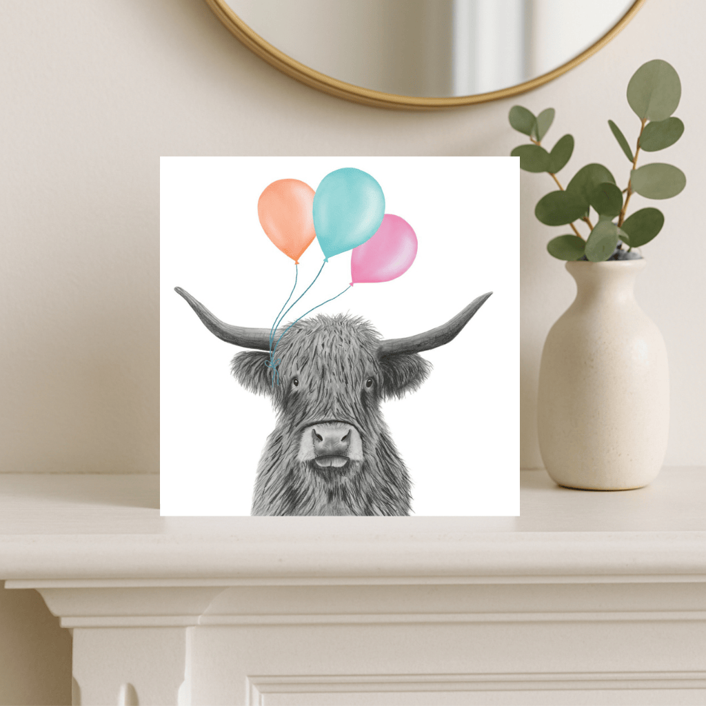 Floating Highland Coo – Lots of Balloons Hand-Drawn Greeting Card | Cute & Whimsical Art