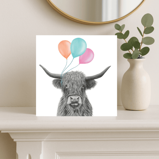 Floating Highland Coo – Lots of Balloons Hand-Drawn Greeting Card | Cute & Whimsical Art