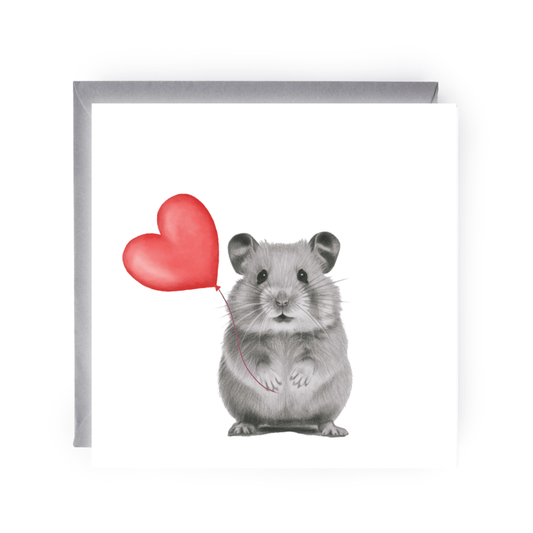 Floating Hamster – Red Balloon Hand-Drawn Greeting Card | Cute & Whimsical Art