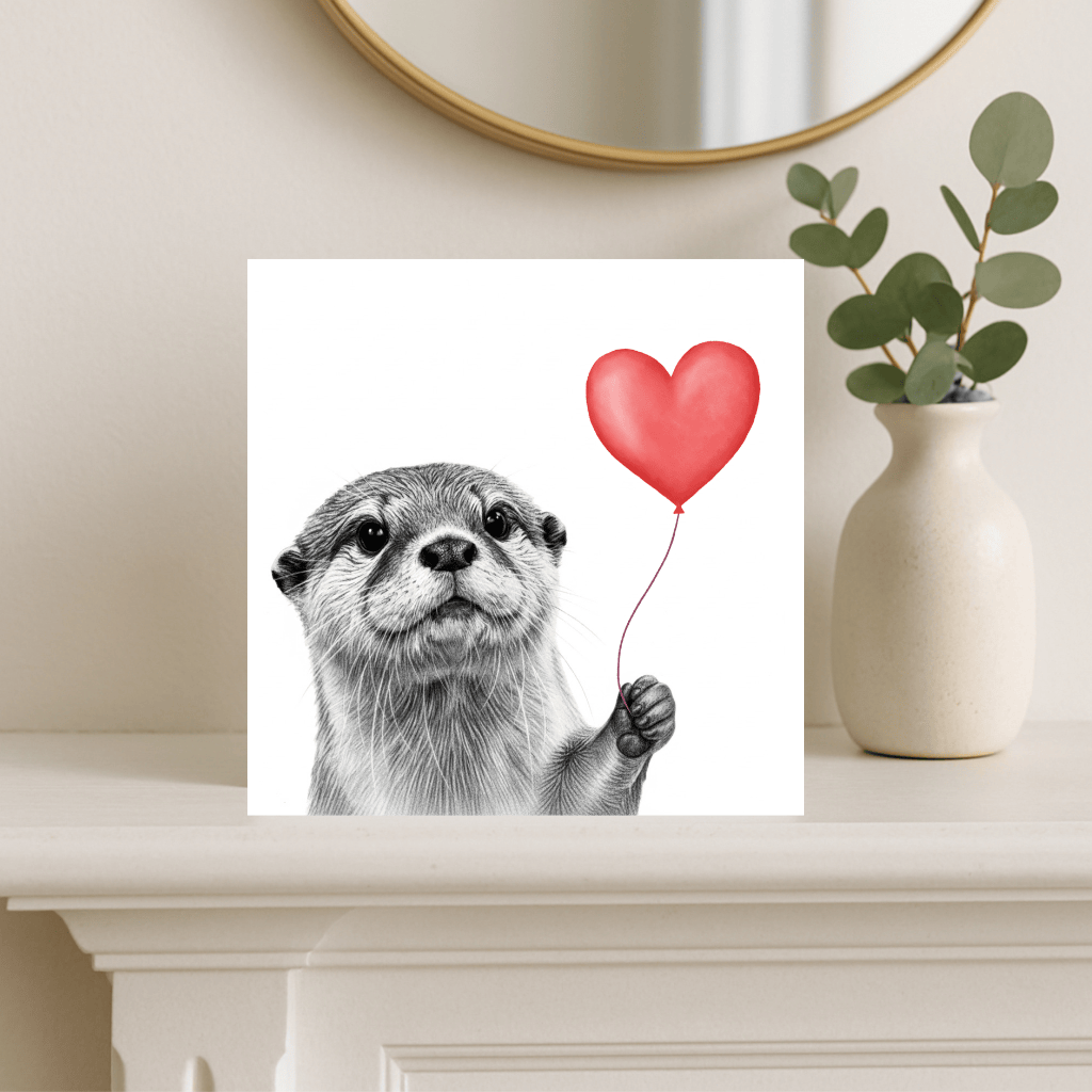 Floating Otter – Red Balloon Hand-Drawn Greeting Card | Cute & Whimsical Art