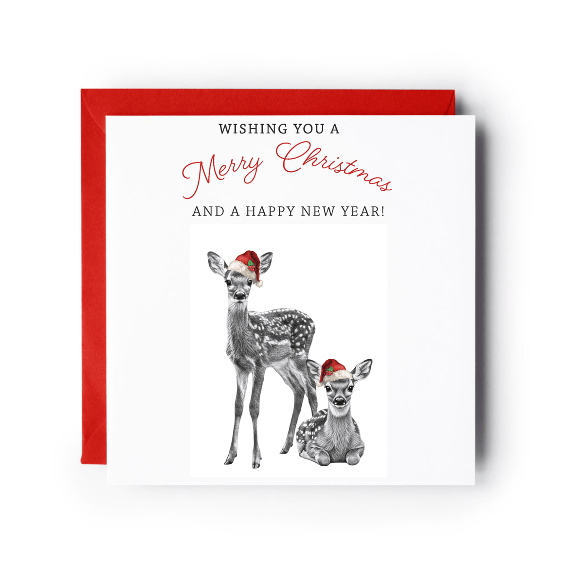 Cute Deer & Fawn Christmas Card – Red Hat Festive Wildlife Design