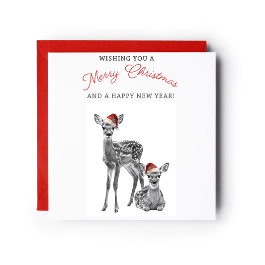 Cute Deer & Fawn Christmas Card – Red Hat Festive Wildlife Design