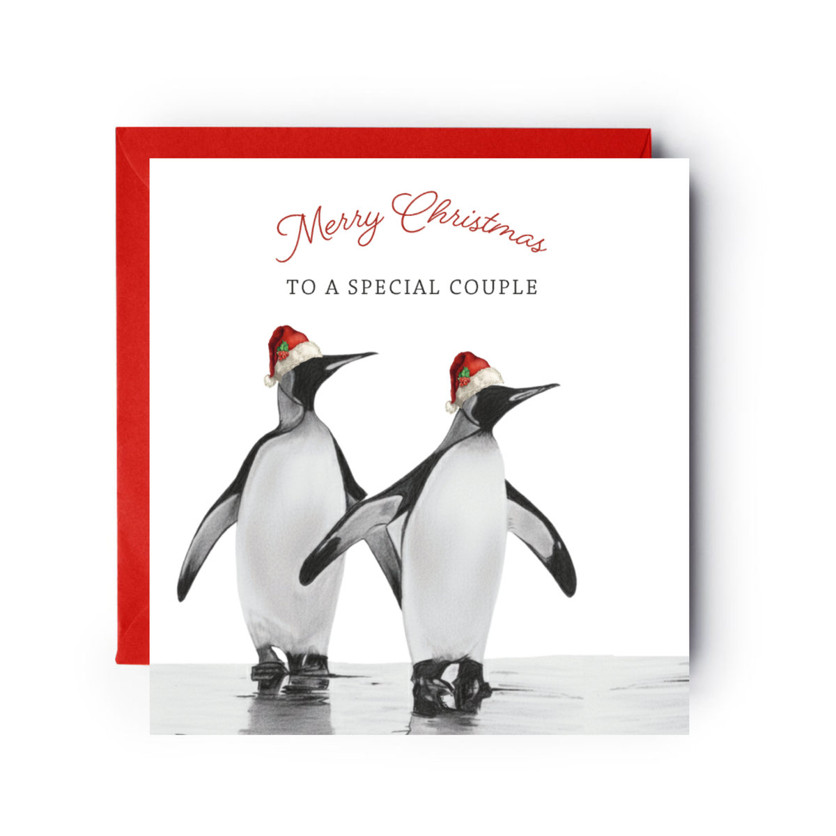 Merry Christmas to a Special Couple Penguin Card – Festive Red Hats Design