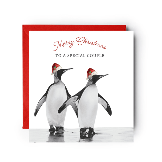 Merry Christmas to a Special Couple Penguin Card – Festive Red Hats Design