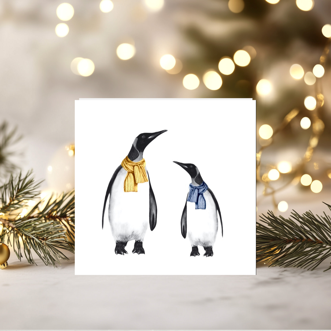 Penguin & Baby Christmas Card – Wrapped in Love & Scarves