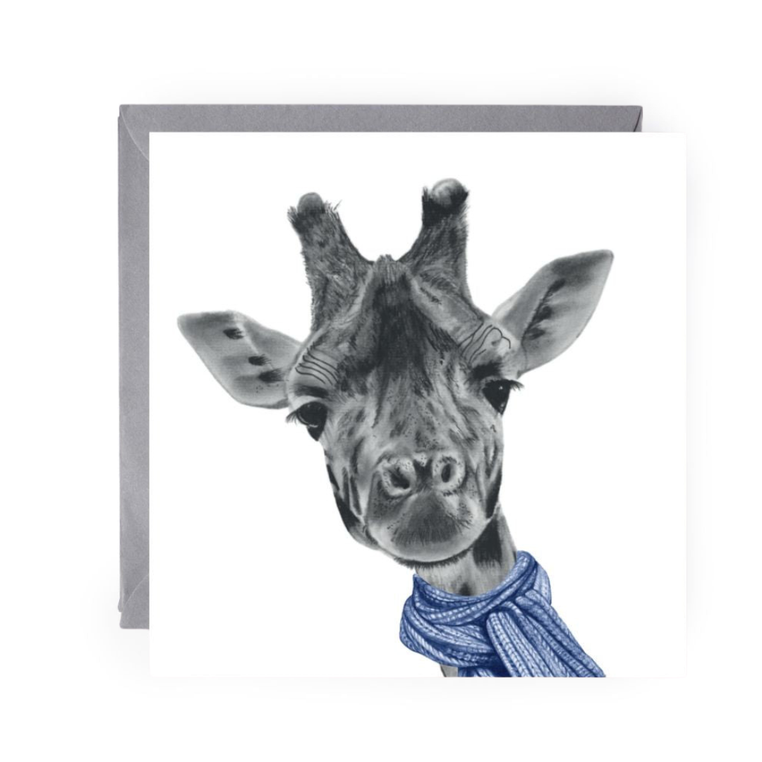 Winter Giraffe Christmas Card – Tall, Elegant & Wrapped in Blue