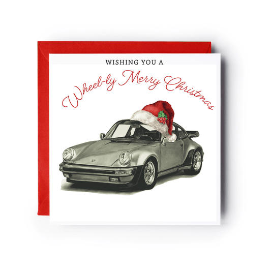 Wheely Merry Christmas Sports Car Card – Red Santa Hat Festive Greeting