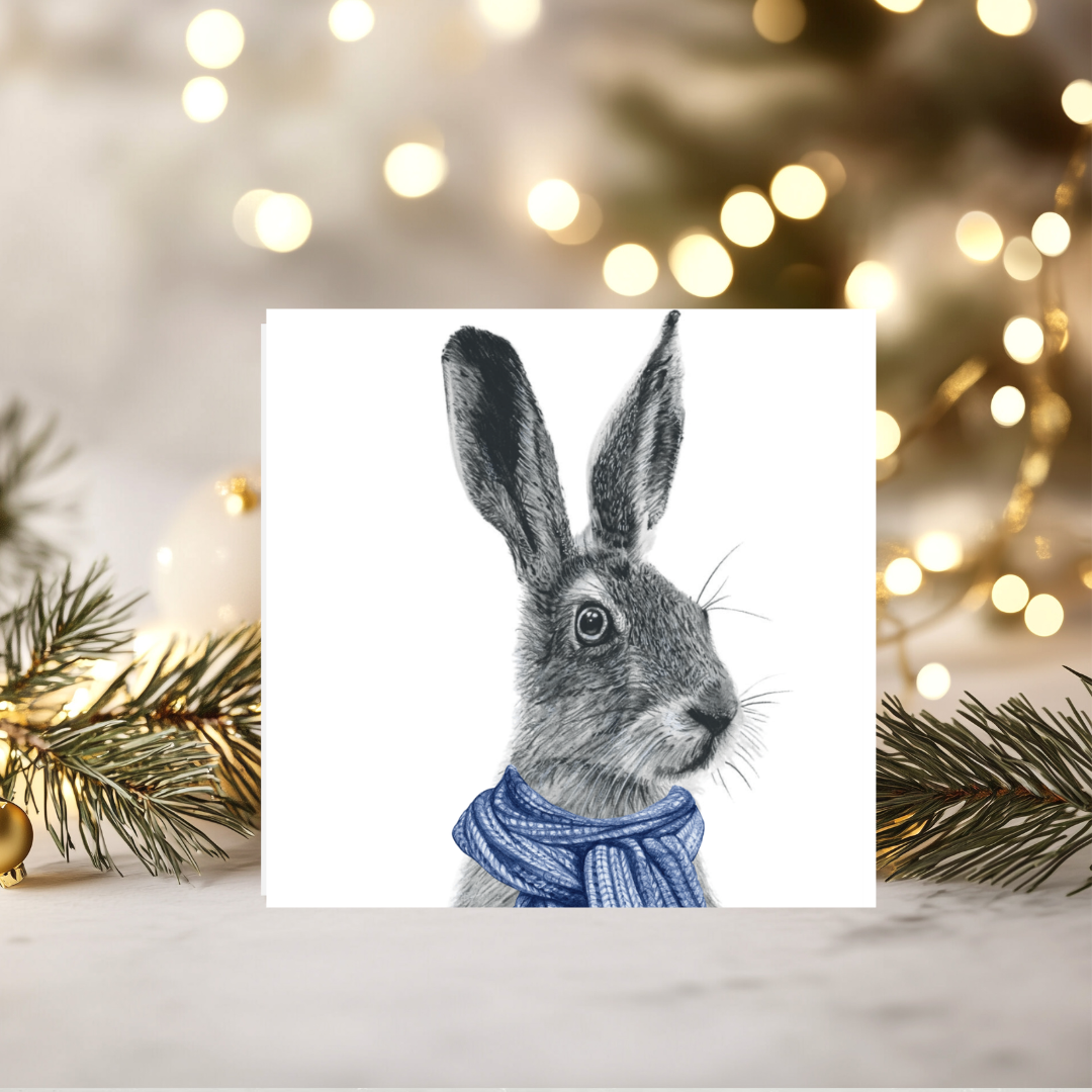 Winter Hare Christmas Card – Wrapped Up in Blue