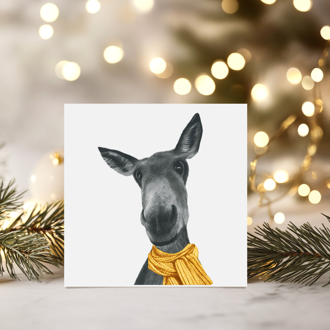 Winter Donkey Christmas Card – Wrapped in Sunshine and Warmth