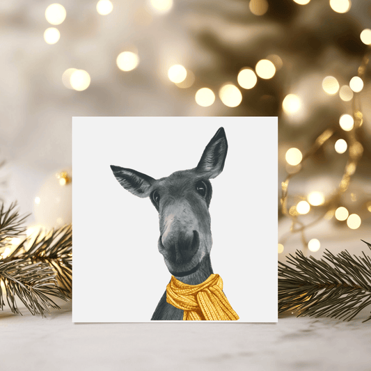 Winter Donkey Christmas Card – Wrapped in Sunshine and Warmth