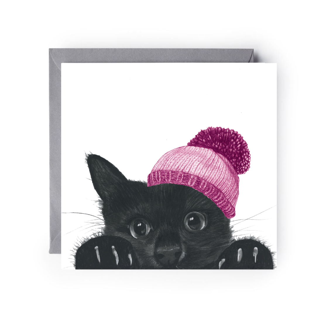 Winter Kitten Christmas Card – Purrfectly Cosy in Pink