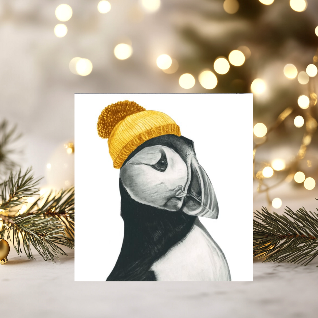 Winter Puffin Christmas Card – Bright, Bold & Bobble-Hatted