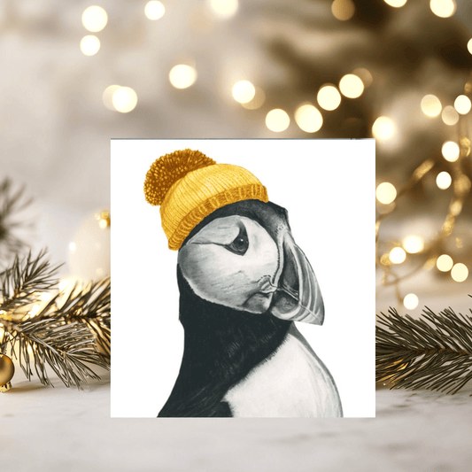 Winter Puffin Christmas Card – Bright, Bold & Bobble-Hatted