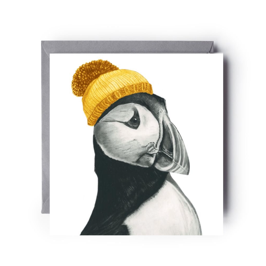 Winter Puffin Christmas Card – Bright, Bold & Bobble-Hatted