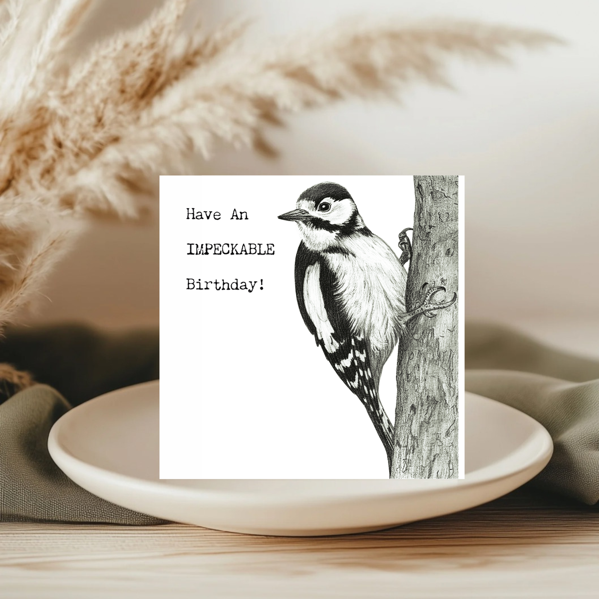 Birthday Woodpecker – “Have an Impeckable Day” Hand-Drawn Greeting Card | Whimsical & Fun Art