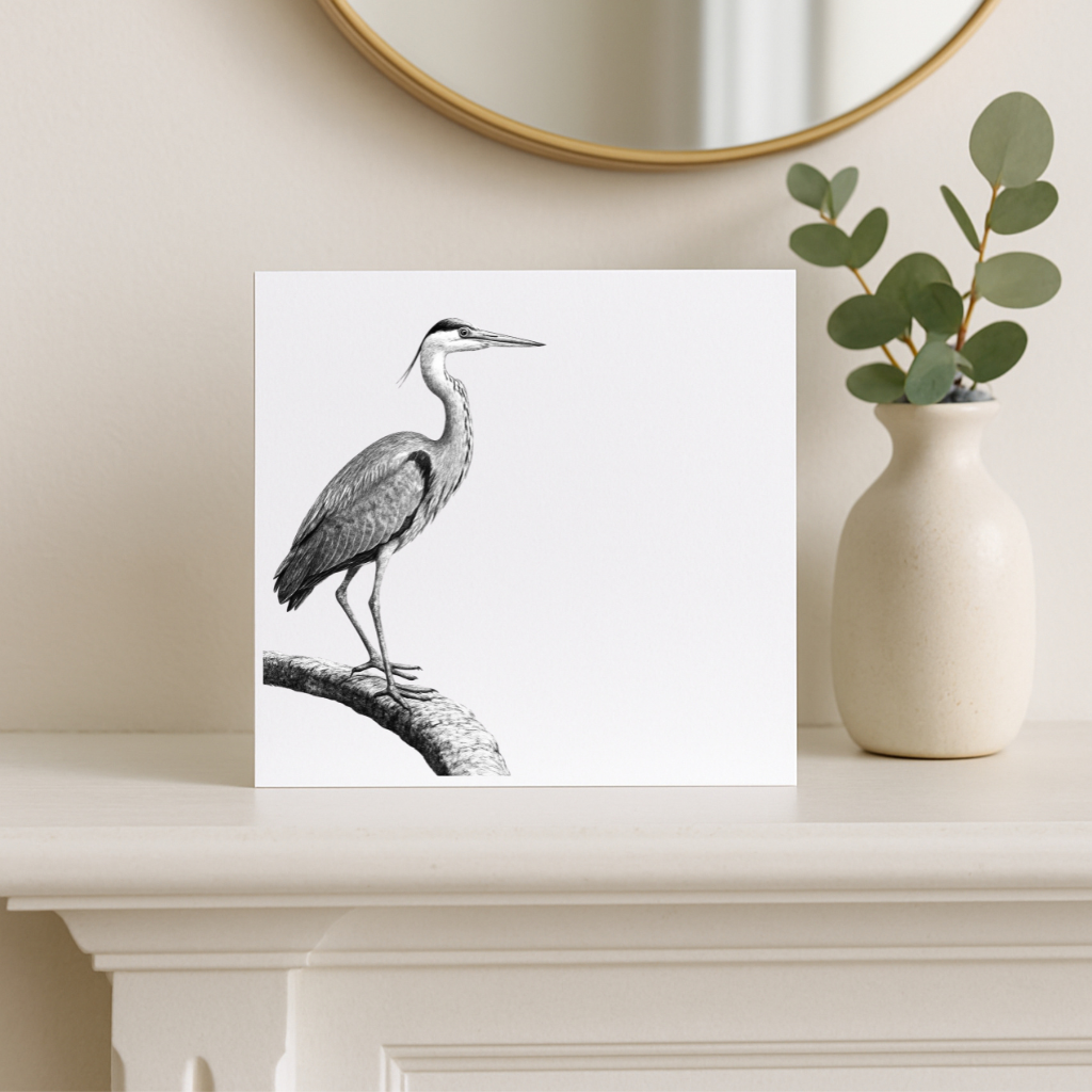 Bosona the Heron – Hand-Drawn Greeting Card | Elegant Wildlife Art