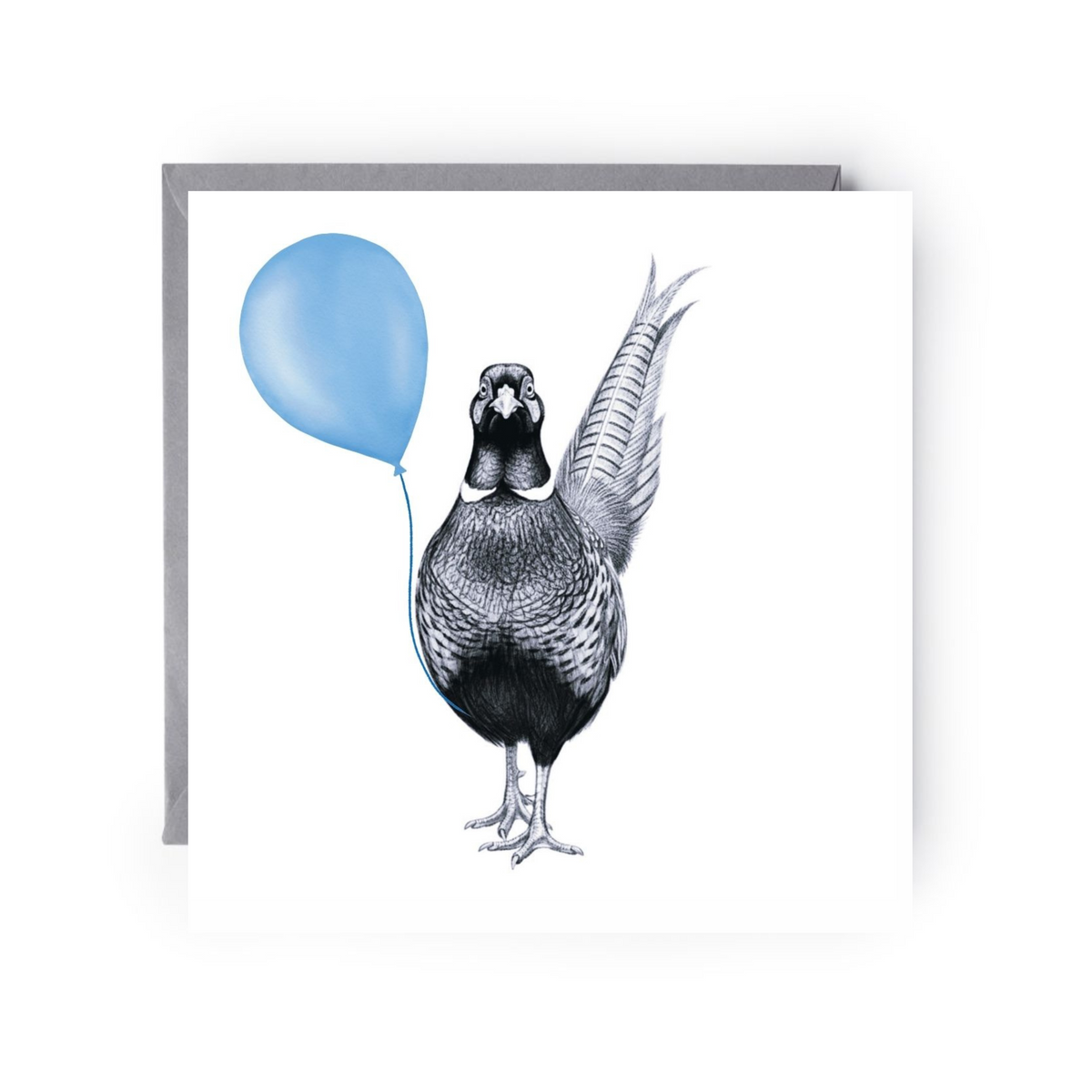 Floating Pheasant – Blue Balloon Hand-Drawn Greeting Card | Whimsical Countryside Art