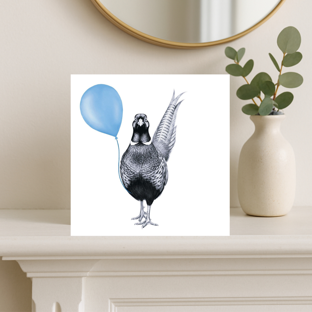 Floating Pheasant – Blue Balloon Hand-Drawn Greeting Card | Whimsical Countryside Art