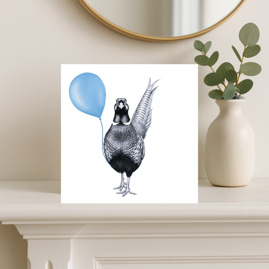 Floating Pheasant – Blue Balloon Hand-Drawn Greeting Card | Whimsical Countryside Art