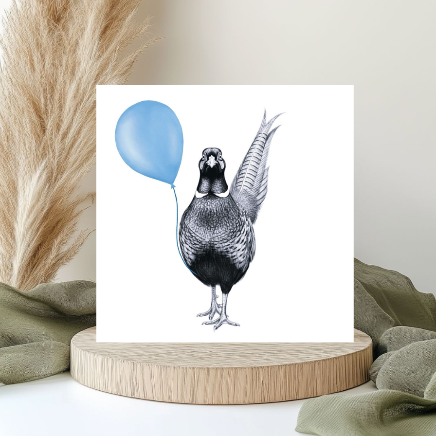 Floating Pheasant – Blue Balloon Hand-Drawn Greeting Card | Whimsical Countryside Art