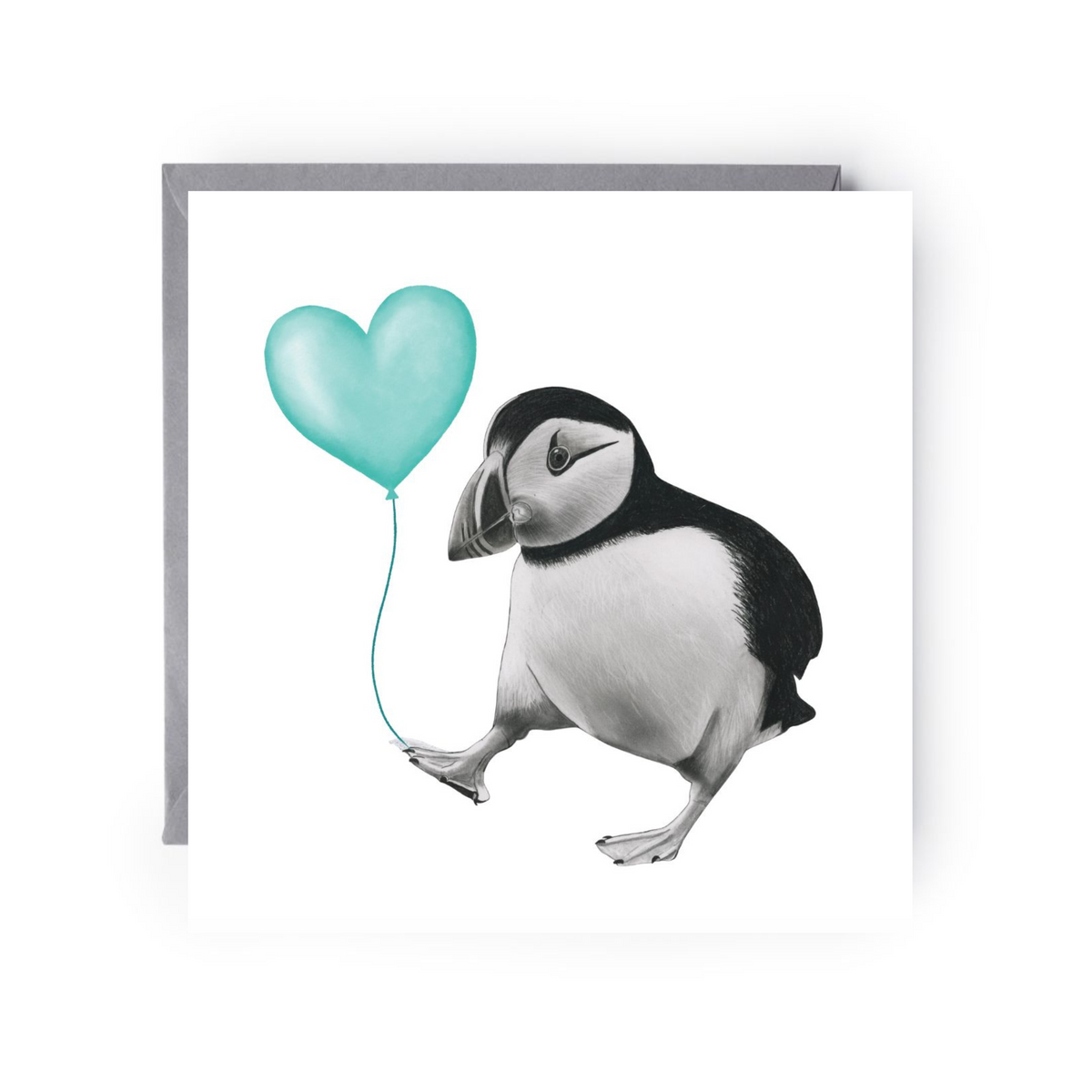 Floating Puffin – Teal Balloon Hand-Drawn Greeting Card | Cute & Whimsical Sealife Art