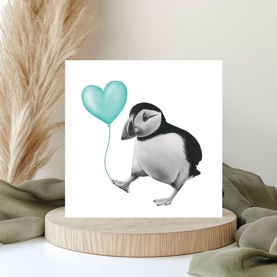 Floating Puffin – Teal Balloon Hand-Drawn Greeting Card | Cute & Whimsical Sealife Art